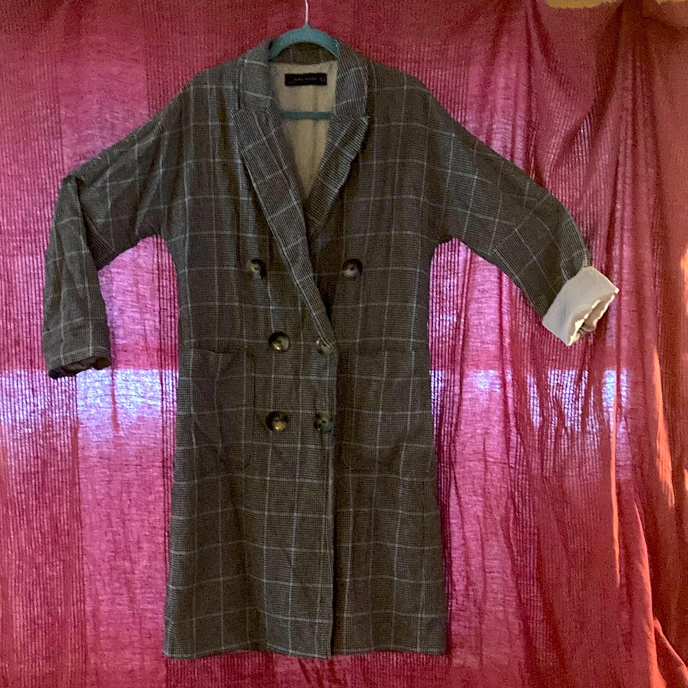 Long Zara coat, blue and grey plaid